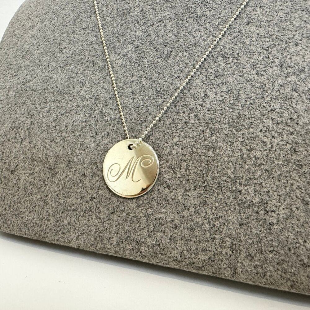 TIFFANY & CO. M Initial Pendant Sterling Silver Disc Charm Necklace Ball Chain